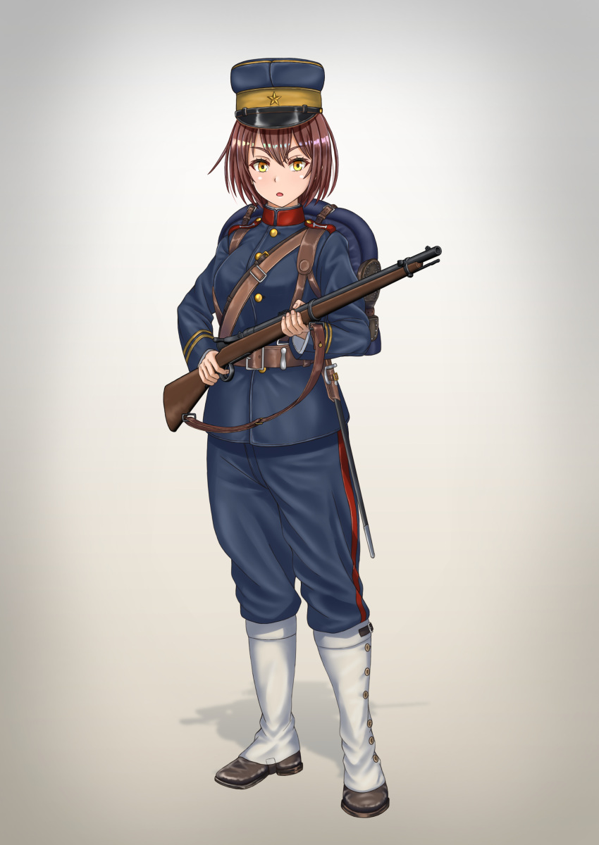 1girl absurdres gun hat highres imperial_japanese_army kepi military military_hat military_uniform russo-japanese_war ryuukihei_rentai short_hair simple_background uniform weapon