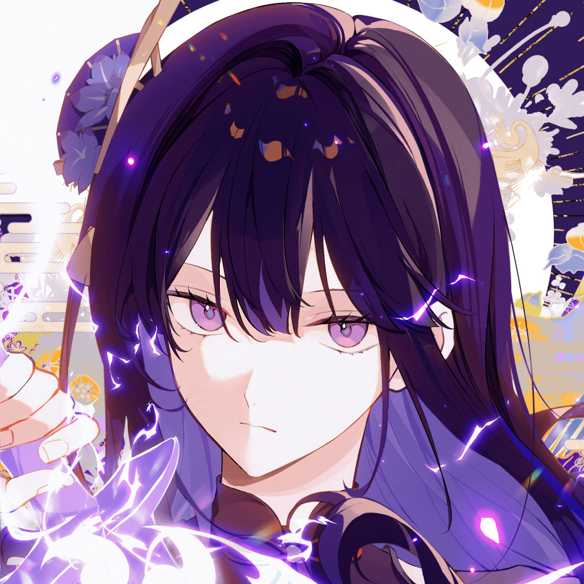 1girl bangs closed_mouth drawing_sword ears flower frown genshin_impact hair_ornament head_only highres hilt holding holding_sword holding_weapon lightning looking_at_viewer portrait purple_eyes purple_flower purple_hair raiden_shogun solo sword upper_body weapon wkwk0217