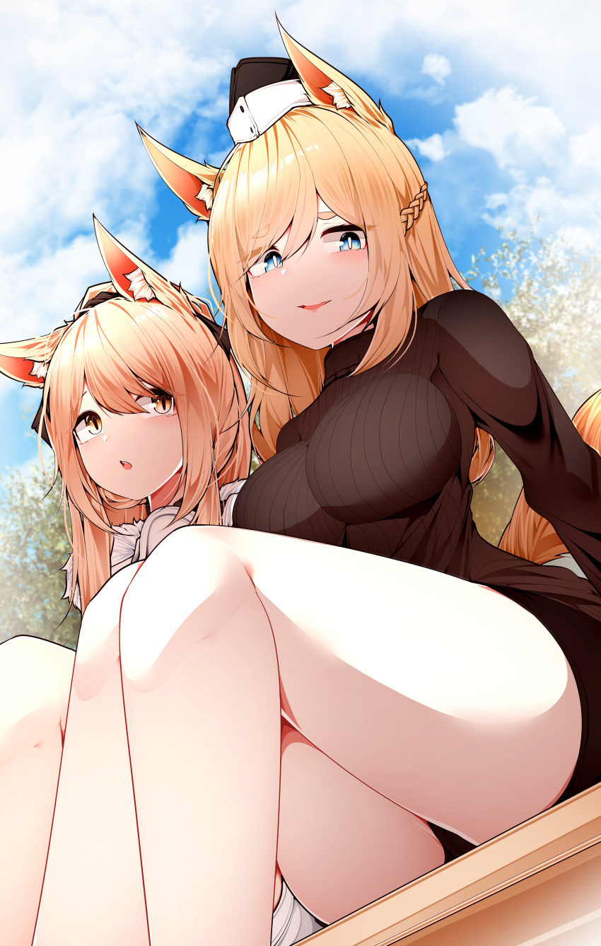 2girls absurdres animal_ears arknights aunt_and_niece black_sweater blemishine_(arknights) blonde_hair blue_eyes braid breasts eyebrows_visible_through_hair garrison_cap hat highres horse_ears horse_girl horse_tail large_breasts long_hair long_sleeves looking_at_another looking_at_viewer multiple_girls samip sitting sweater tail thighs whislash_(arknights) yellow_eyes