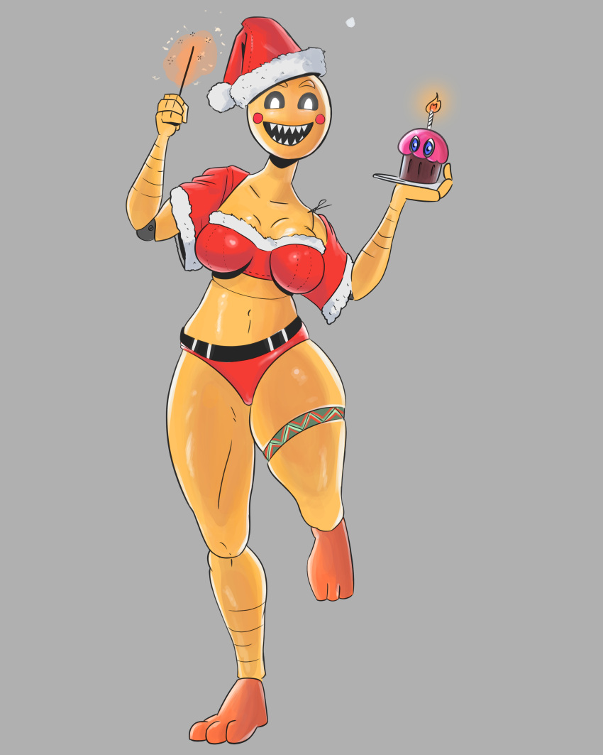 absurd_res anthro big_breasts breasts chica_(fnaf) clothing costume female female/female five_nights_at_freddy's five_nights_at_freddy's_2 hi_res humanoid hybrid machine poppy's69 robot robot_humanoid santa_costume scottgames smile solo thick_thighs toy_chica_(fnaf) video_games yellow_eyes
