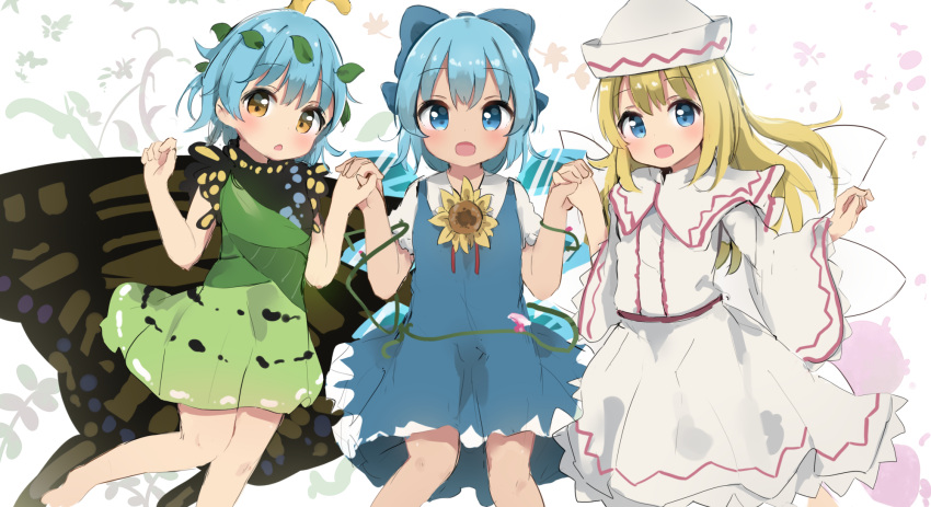 3girls antennae antidote aqua_hair bare_legs barefoot blonde_hair blue_bow blue_dress blue_eyes blue_hair blush bow butterfly_wings capelet cirno collared_shirt dress eternity_larva eyebrows_visible_through_hair fairy fairy_wings flower green_dress hair_between_eyes hair_bow hat highres ice ice_wings leaf leaf_on_head lily_white long_hair looking_at_viewer multicolored_clothes multicolored_dress multiple_girls open_mouth shirt short_hair short_sleeves single_strap smile sunflower tanned_cirno touhou white_capelet white_dress white_headwear white_shirt wings yellow_eyes yellow_flower