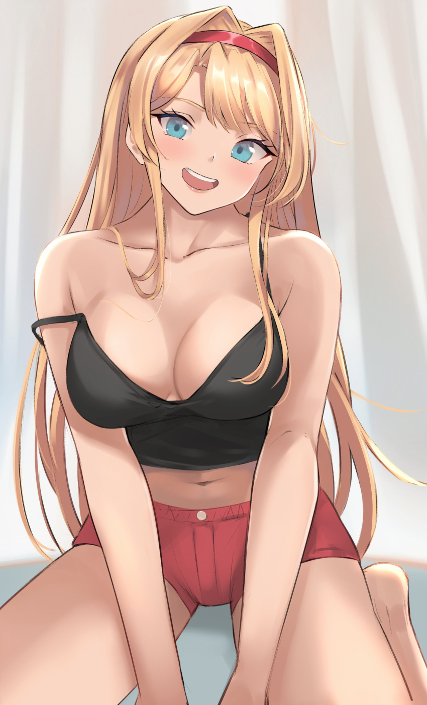 1girl :d absurdres bangs bare_shoulders between_legs blonde_hair blue_eyes breasts breasts_apart cleavage collarbone commentary_request curtains eyelashes feet granblue_fantasy hair_over_breasts hair_over_one_breast hair_over_shoulder hand_between_legs headband highres knees_together_feet_apart large_breasts long_hair looking_at_viewer navel off_shoulder open_mouth parted_bangs red_headband red_shorts renzu_(lens_02) seiza shorts sidelocks sitting smile solo tank_top teeth upper_teeth zeta_(granblue_fantasy)