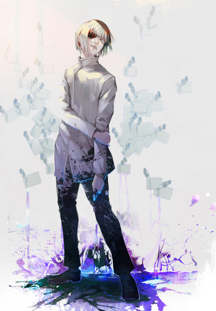 1girl arm_at_side bangs black_eyepatch black_footwear black_pants eyepatch grey_background highres knife kyuuba_melo long_sleeves mutsuki_tooru pants parted_lips shiny shiny_clothes short_hair solo standing teeth tokyo_ghoul tokyo_ghoul:re two-tone_pants