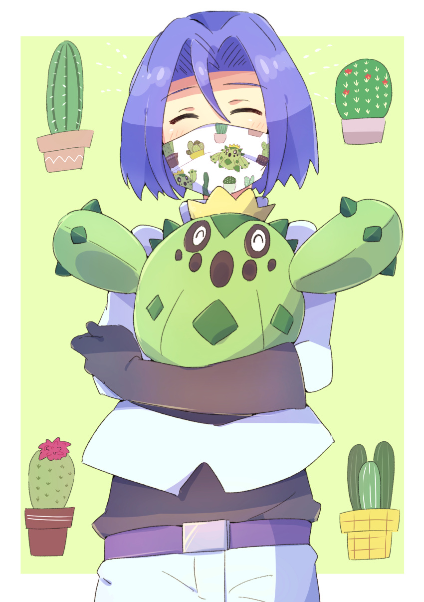 1boy 51487 absurdres blush cacnea cactus closed_eyes coronavirus_pandemic green_background highres james_(pokemon) male_focus mask pokemon_(creature) team_rocket