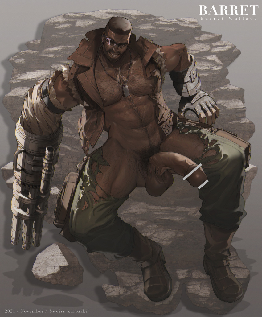 1boy abs absurdres bar_censor bara bare_pectorals barret_wallace beard between_pectorals buzz_cut censored chest_hair dark-skinned_male dark_skin dog_tags erection facial_hair final_fantasy final_fantasy_vii fingerless_gloves from_above full_body gloves green_pants hairy highres huge_penis jacket large_pectorals large_testicles leg_hair legacy_zechs male_focus male_pubic_hair mature_male muscular muscular_male mustache navel navel_hair nipples open_clothes open_jacket pants pectorals penis prosthesis prosthetic_arm pubic_hair reward_available short_hair solo spread_legs stomach sunglasses testicles thick_thighs thighs torn_clothes torn_pants veins veiny_penis very_dark_skin very_short_hair