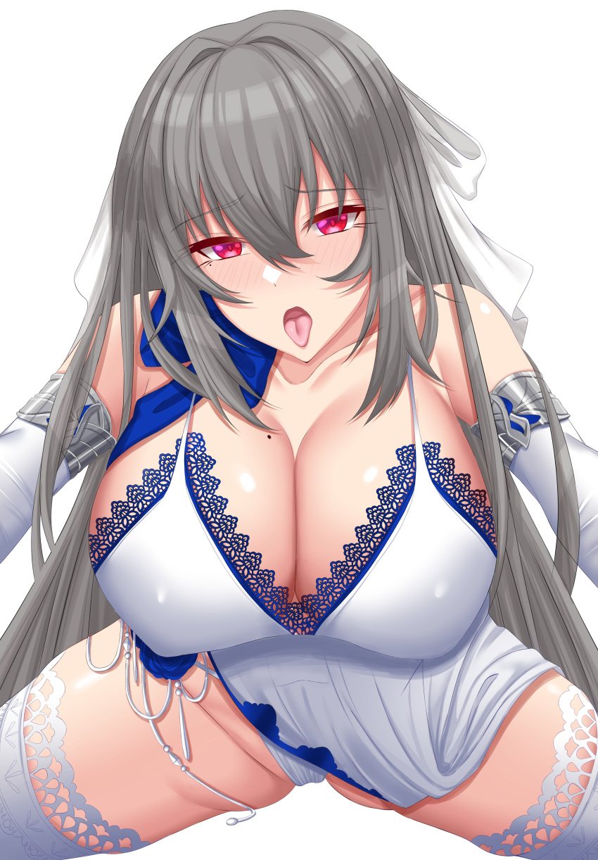 1girl absurdres azur_lane bare_shoulders breasts china_dress chinese_clothes cleavage covered_nipples dress elbow_gloves evening_gown eyebrows_visible_through_hair gloves grey_hair hair_between_eyes highres huge_breasts lace-trimmed_dress lace-trimmed_legwear lace_trim long_hair looking_at_viewer makudesu mole mole_on_breast mole_under_eye official_alternate_costume open_mouth panties saint-louis_(azur_lane) saint-louis_(holy_knight's_resplendence)_(azur_lane) shiny shiny_skin simple_background sleeveless sleeveless_dress solo spread_legs thighhighs tongue tongue_out underwear very_long_hair white_background white_dress white_gloves white_legwear white_panties