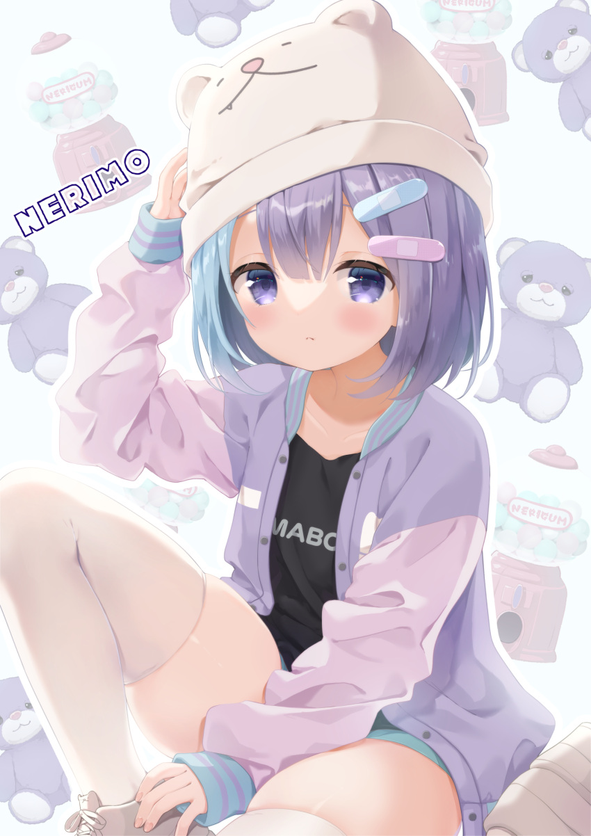 1girl animal_ears arm_up bandaid_hair_ornament beanie bear_ears black_shirt blue_hair blue_shorts brown_footwear commentary_request copyright_request fake_animal_ears feet_out_of_frame hat highres jacket knee_up long_sleeves multicolored_hair neki_(wakiko) open_clothes open_jacket platform_footwear puffy_long_sleeves puffy_sleeves purple_eyes purple_hair purple_jacket shirt shoes short_shorts shorts sitting sleeves_past_wrists solo stuffed_animal stuffed_toy teddy_bear thighhighs two-tone_hair virtual_youtuber white_background white_headwear white_legwear
