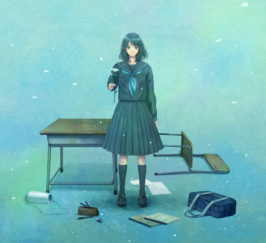 1girl arm_at_side bag black_footwear black_hair black_serafuku black_skirt blue_background book bookbag chair check_commentary commentary_request desk flower full_body highres holding holding_flower kazami1304 kneehighs long_skirt long_sleeves looking_at_viewer original paper pencil_case school_desk school_uniform serafuku skirt smile spill standing