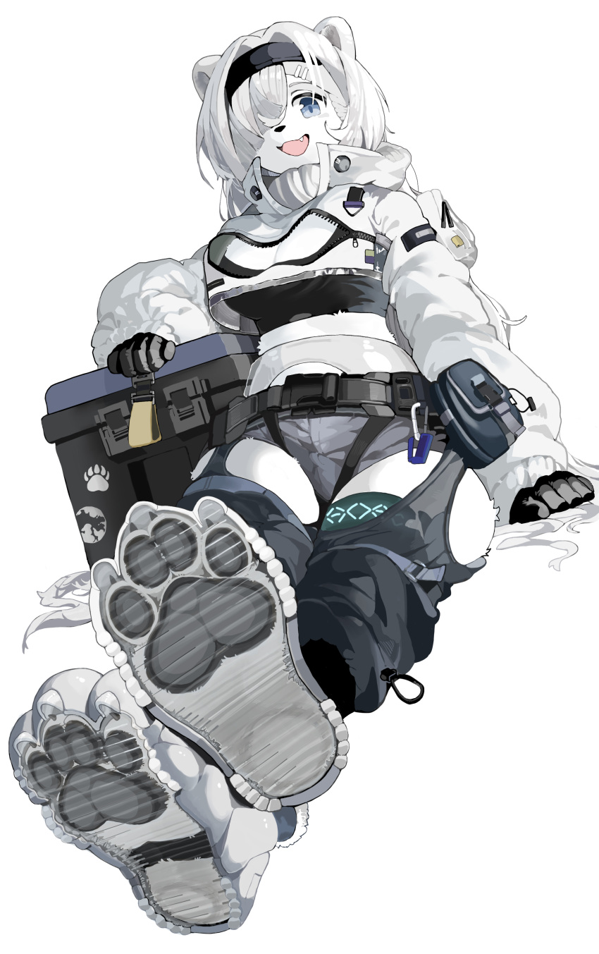 2021 4_toes 5_fingers absinthe_(arknights) absurd_res accessory alternate_species anthro arknights big_breasts blue_eyes bottomwear breasts claws cleavage clothed clothing container cute_fangs feet female fingers foot_focus footprint footwear furrification gloves hair hair_accessory hair_over_eye hairband handwear hi_res hotpants hypergryph jacket kemono looking_at_viewer mammal mentha one_eye_obstructed open_mouth open_smile pawpads pawprint paws short_hair shorts silver_hair smile smiling_at_viewer soles solo studio_montagne toe_claws toes tongue topwear translucent translucent_clothing translucent_footwear unzipped ursid video_games