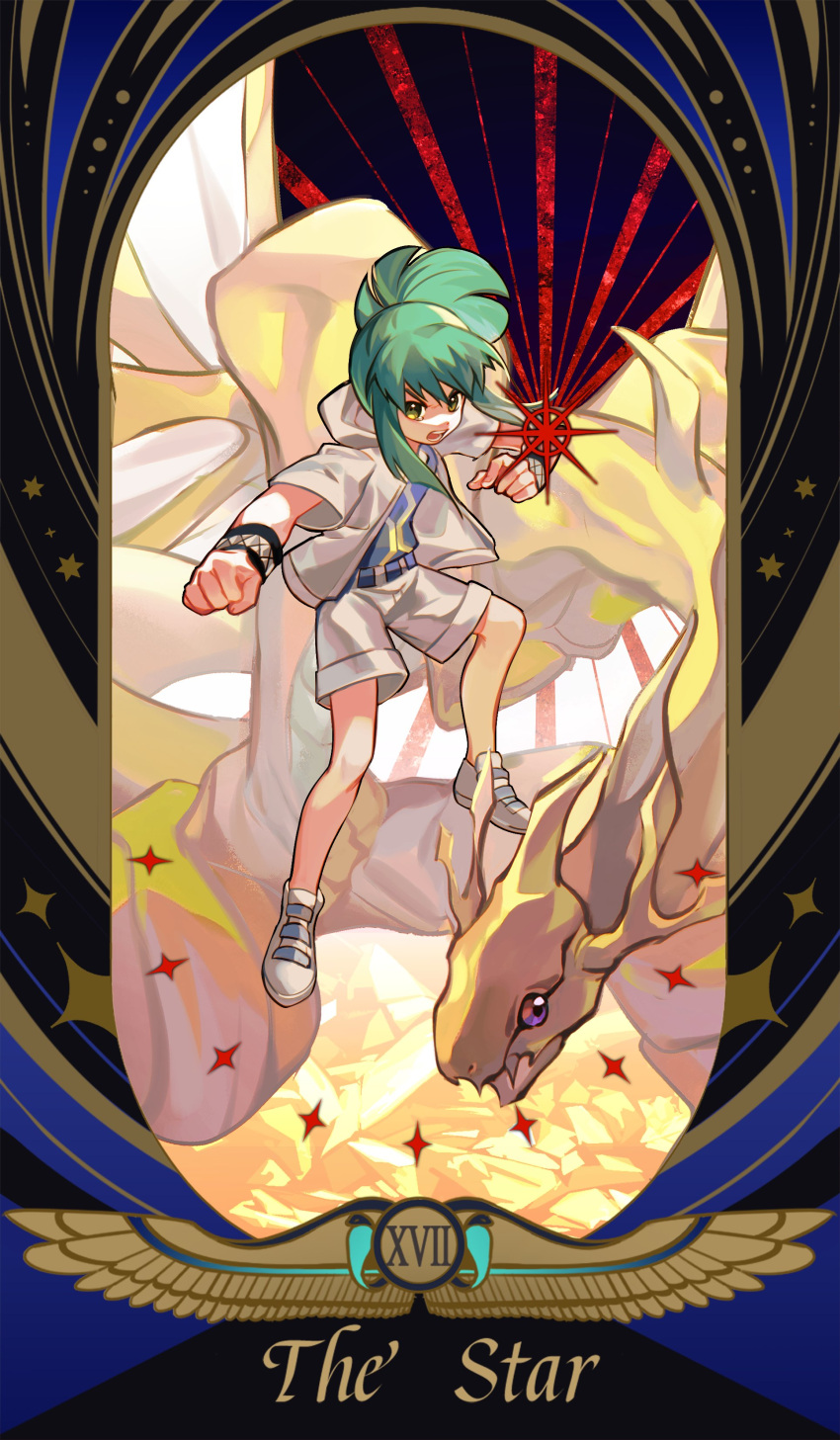 1boy absurdres border child duel_monster english_text full_body green_hair highres life_stream_dragon long_hair lua_(yu-gi-oh!) male_focus open_clothes open_shirt riding roman_numeral shoes shorts sidelocks sneakers solo_focus ssbaby tarot the_star_(tarot) tied_hair white_shorts yu-gi-oh! yu-gi-oh!_5d's