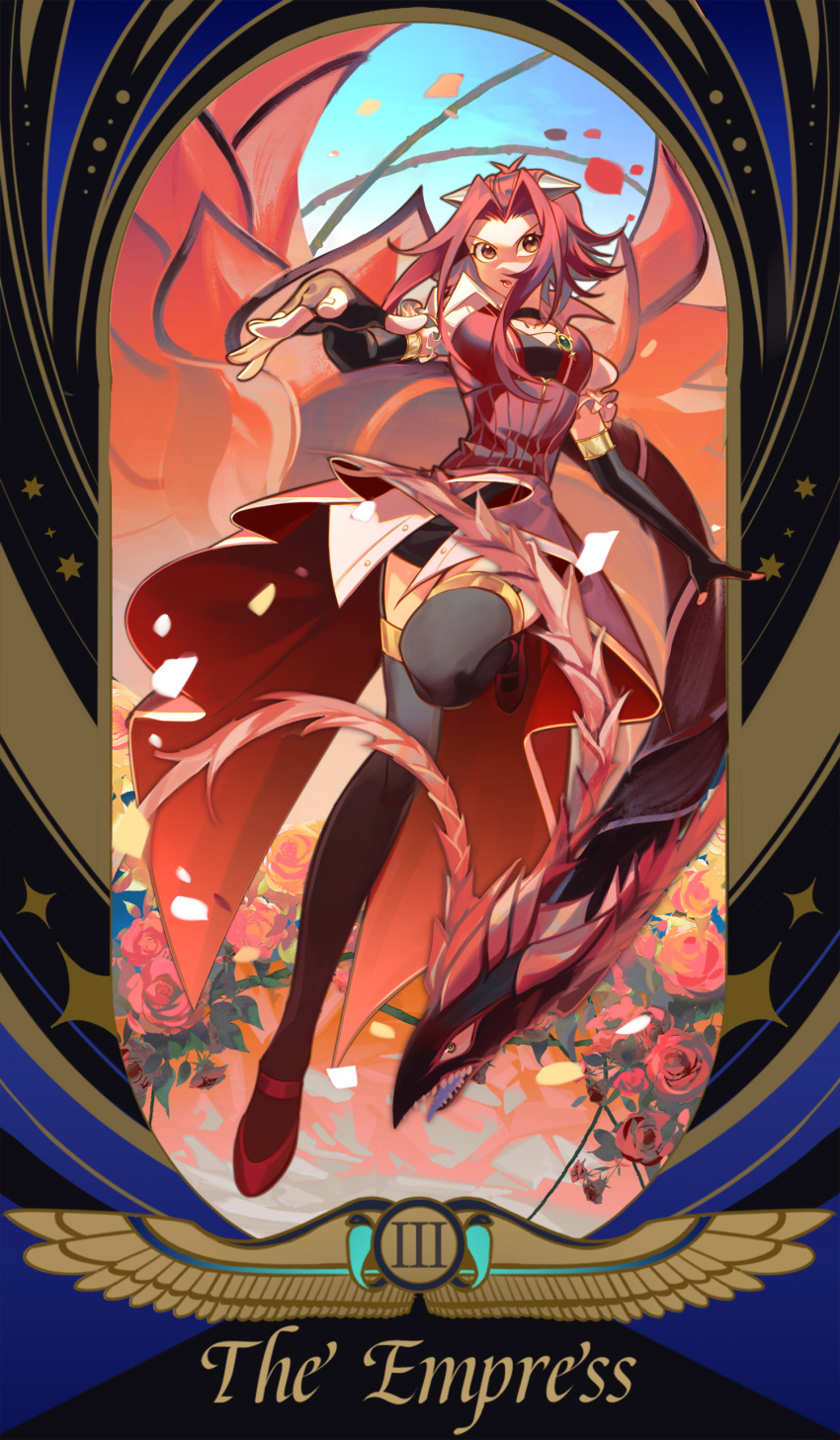1girl absurdres black_rose_dragon border breasts duel_monster english_text flower foreshortening full_body highres izayoi_aki long_hair looking_at_viewer petals red_hair roman_numeral rose sidelocks solo_focus ssbaby tarot the_empress_(tarot) thighhighs yu-gi-oh! yu-gi-oh!_5d's