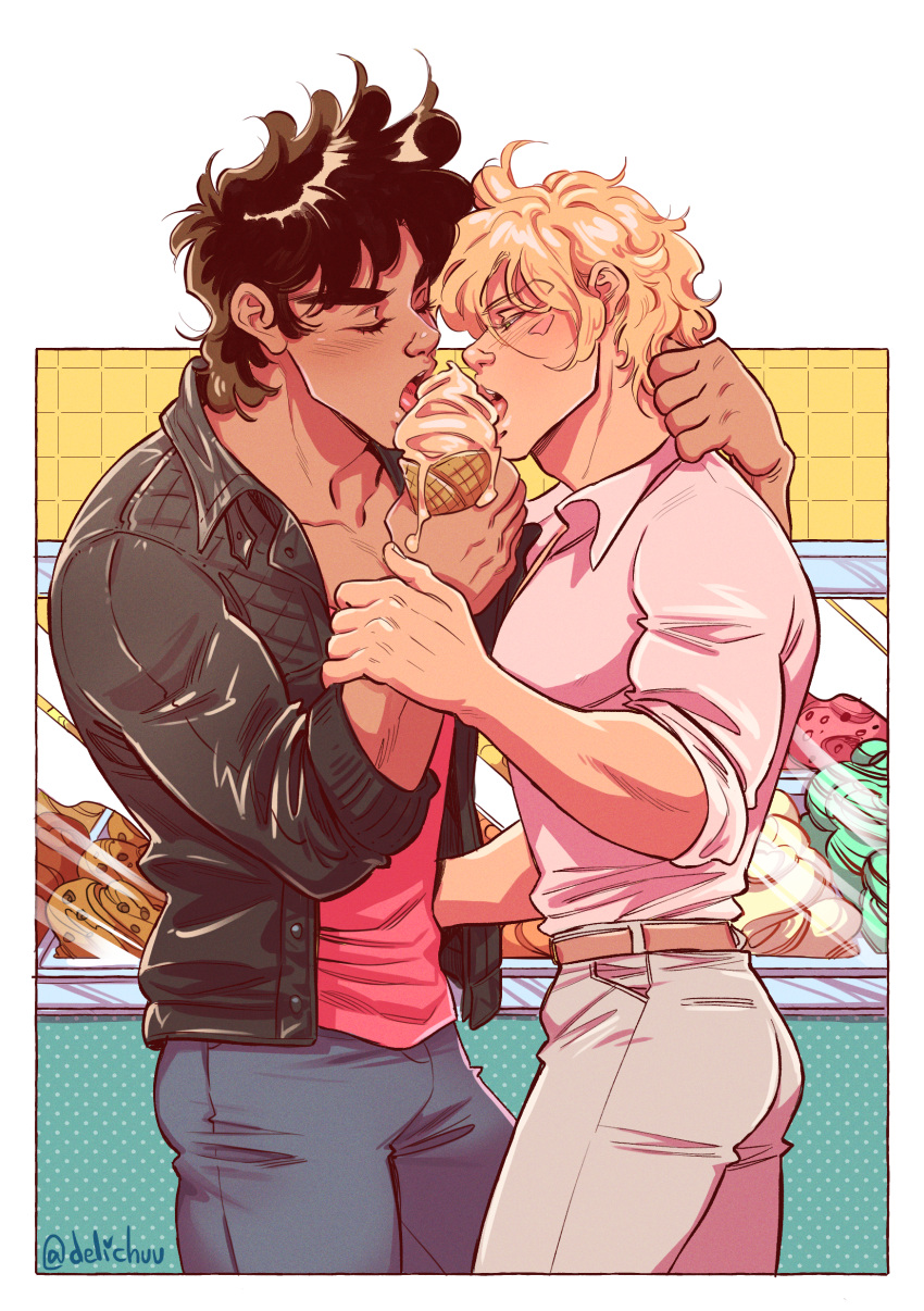 2boys absurdres battle_tendency blonde_hair brown_hair caesar_anthonio_zeppeli deliciest facial_mark food gelato_(food) highres ice_cream indirect_kiss jacket jojo_no_kimyou_na_bouken joseph_joestar joseph_joestar_(young) leather leather_jacket male_focus modern multiple_boys shared_food yaoi