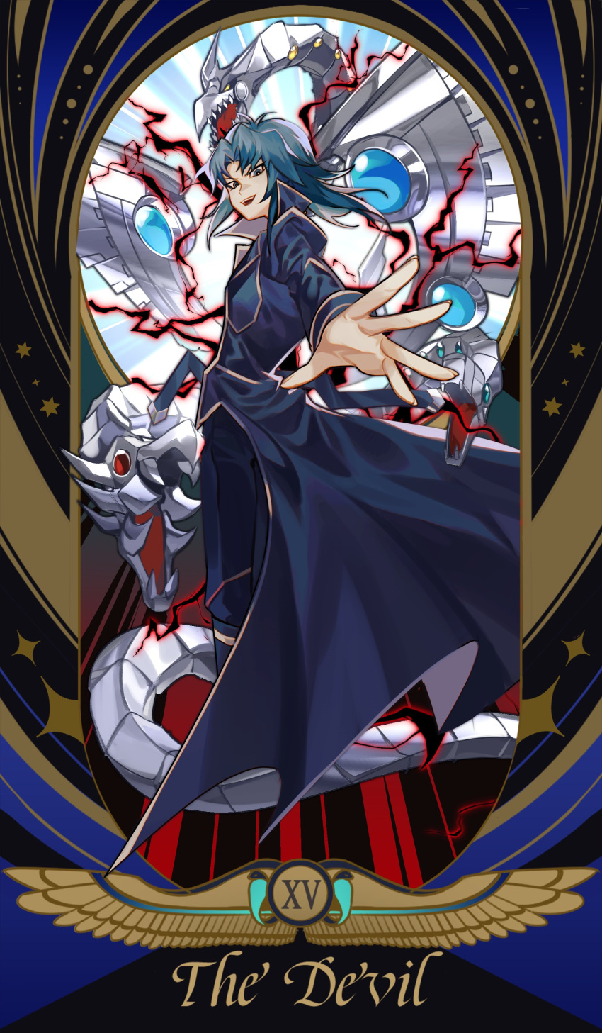 1boy absurdres blue_hair border coat cyber_end_dragon duel_academy_uniform_(yu-gi-oh!_gx) duel_monster english_text foreshortening full_body green_hair highres long_hair long_sleeves male_focus marufuji_ryou open_clothes open_coat roman_numeral smile solo_focus ssbaby tarot the_devil_(tarot) yu-gi-oh! yu-gi-oh!_gx