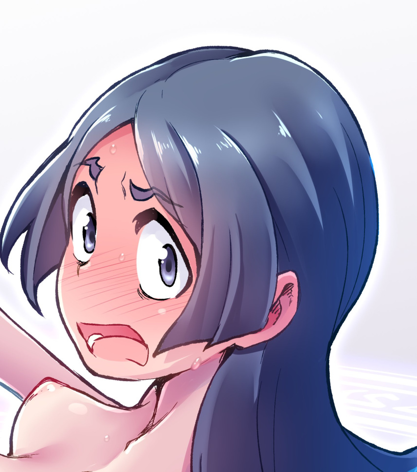 1girl barbara_parker blue_eyes blue_hair blush breasts caught completely_nude embarrassed from_side full-face_blush geewhy highres little_witch_academia long_hair looking_at_viewer looking_to_the_side medium_breasts nipples nude open_mouth solo upper_body wide-eyed