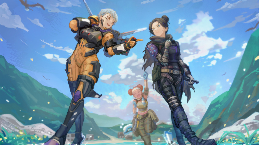 &gt;_&lt; 3girls animification apex_legends asukayou black_hair blue_eyes blue_gloves bodysuit boots breasts brown_pants brown_tank_top clenched_hands cloud d.o.c._health_drone dark-skinned_female dark_skin double_bun english_commentary gloves hair_behind_ear hair_bun headband highres holding holding_knife jetpack knife lake lifeline_(apex_legends) looking_at_viewer medium_breasts metal_boots mixed-language_commentary mountain multiple_girls orange_bodysuit pants parted_lips pointing robot running short_hair sky smile tank_top thigh_boots thighhighs valkyrie_(apex_legends) white_headband wraith's_kunai wraith_(apex_legends)