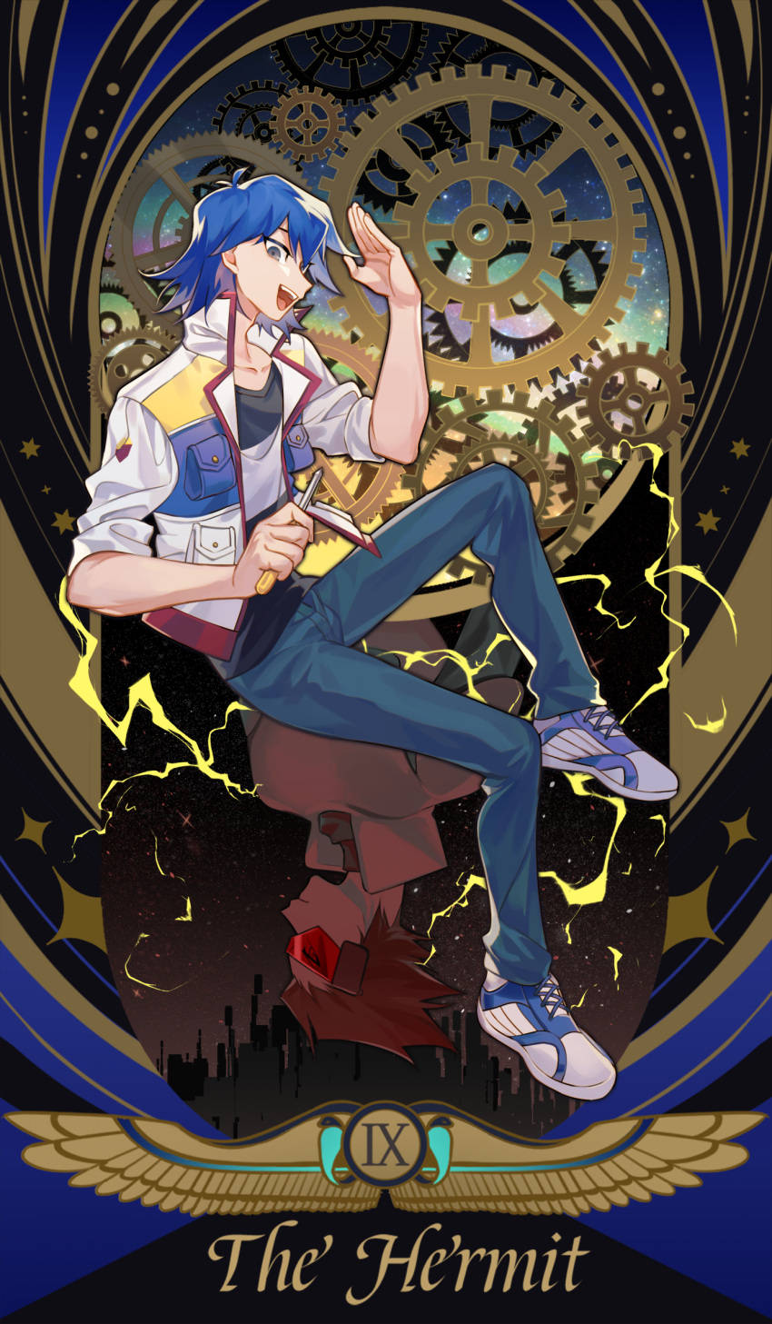 1boy :d absurdres antinomy border bruno_(yu-gi-oh!) casual dark_persona denim english_text full_body highres jacket jeans male_focus open_clothes open_jacket pants roman_numeral salute shoes short_hair sitting smile sneakers solo_focus spoilers ssbaby tarot the_hermit_(tarot) yu-gi-oh! yu-gi-oh!_5d's