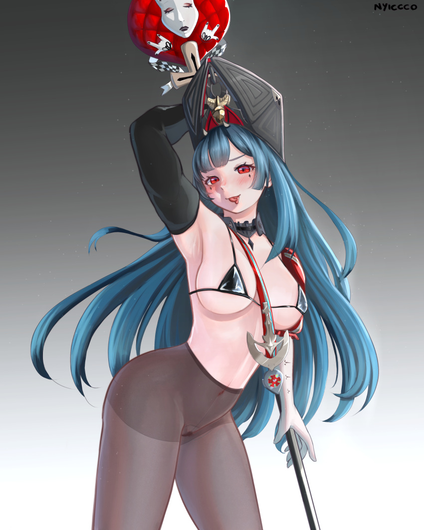 1girl \m/ absurdres artist_name asymmetrical_gloves azur_lane black_bra black_collar black_gloves black_headwear black_legwear blue_hair bra breasts collar covered_navel detached_collar elbow_gloves forked_tongue gloves gradient gradient_background grey_background highres holding holding_scepter holding_staff leaning_forward long_hair looking_at_viewer marco_polo_(azur_lane) medium_breasts mismatched_gloves nyiccco pantyhose pubic_hair red_eyes scepter single_elbow_glove solo staff standing tongue two-tone_gloves underwear white_gloves