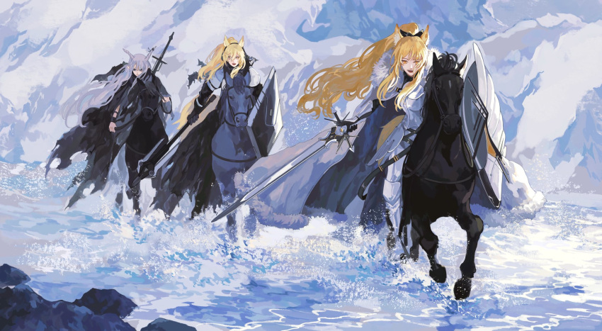3girls animal_ears arknights arm_shield armor armored_boots bangs black_gloves blemishine_(arknights) blonde_hair boots cape cat_ears day dress fur-trimmed_cape fur_trim gauntlets gloves grey_hair highres holding holding_sword holding_weapon horse horseback_riding long_hair looking_at_viewer multiple_girls nearl_(arknights) plate_armor ponytail reins riding river saddle shield shining_(arknights) sidelocks silver_hair splashing sword torn_cape torn_clothes torn_dress wading water weapon white_cape ye_(ran_chiiipye)