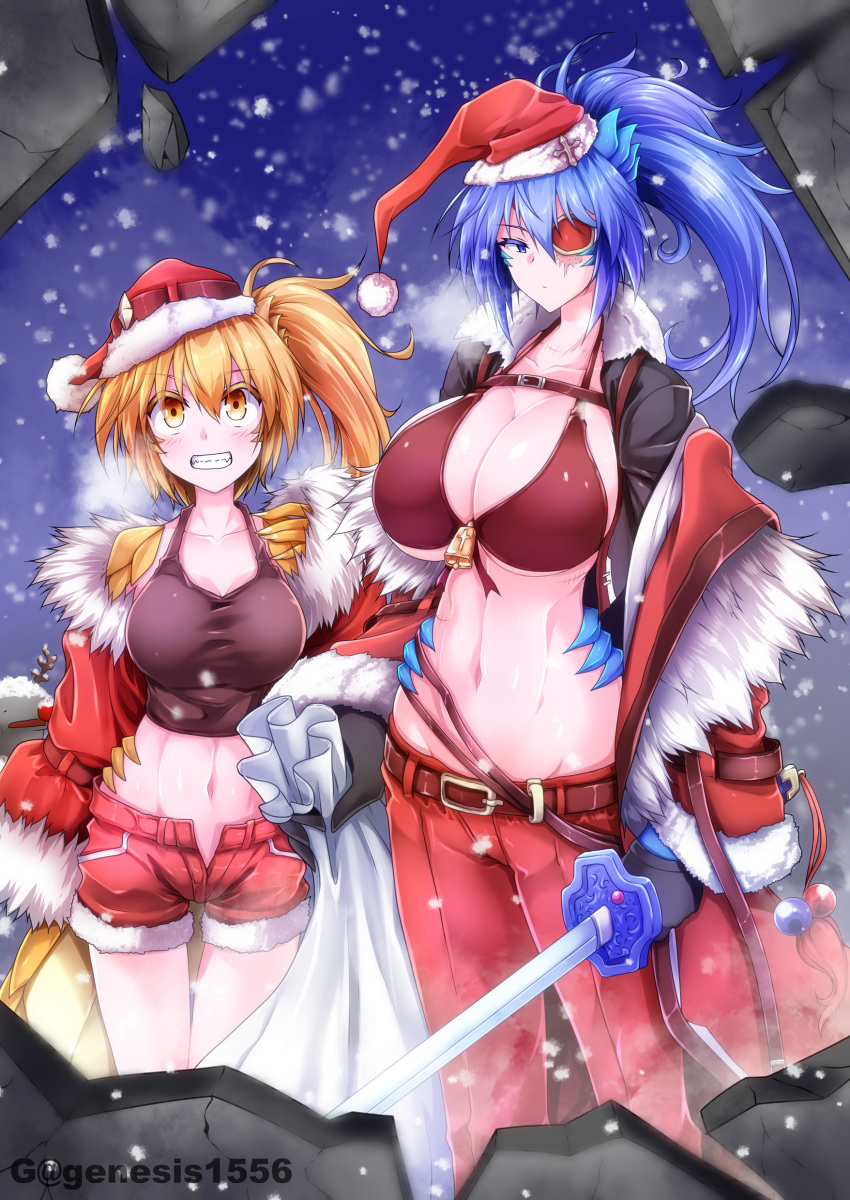 2girls absurdres annes_(g_(genesis1556)) arisa_(g_(genesis1556)) artist_name bangs bare_shoulders belt bikini bikini_top black_gloves black_jacket black_tank_top blonde_hair blue_eyes blue_hair blush breasts claws cleavage closed_mouth collarbone commentary_request commission cowboy_shot crop_top dragon_girl dragon_horns dragon_tail eyebrows_visible_through_hair eyepatch fur-trimmed_jacket fur-trimmed_shorts fur_trim g_(genesis1556) gloves grin groin hair_between_eyes hat high_ponytail highres holding holding_sack holding_sword holding_weapon hole_in_wall horns jacket large_breasts long_hair long_sleeves looking_at_viewer midriff monster_girl multiple_girls navel off_shoulder ootachi open_clothes open_fly open_jacket original outdoors pants ponytail red_belt red_bikini red_headwear red_jacket red_pants red_shorts sack santa_hat scales scar scar_across_eye short_shorts shorts side_ponytail sidelocks smile snowing standing stitches stomach swimsuit sword tail tank_top teeth underboob weapon yellow_eyes
