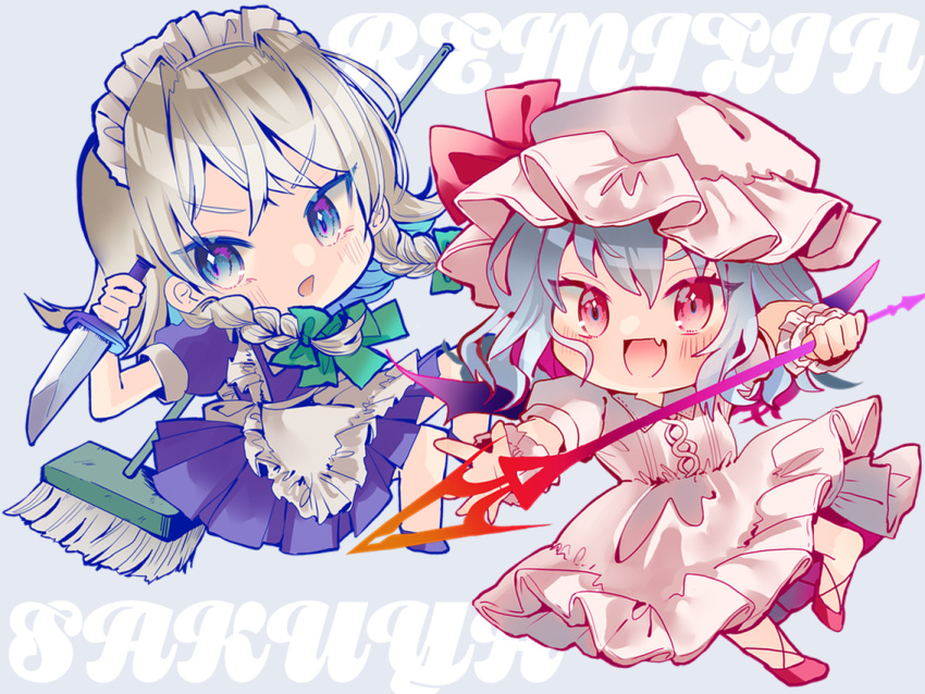 2girls :d apron blue_eyes blue_shirt blue_skirt braid broom character_name dress eyebrows_visible_through_hair fang frilled_apron frilled_dress frills full_body hat holding holding_knife izayoi_sakuya knife light_blue_hair light_brown_hair maid maid_headdress medium_hair mob_cap multiple_girls open_mouth pink_dress pink_headwear puffy_short_sleeves puffy_sleeves red_eyes red_footwear remilia_scarlet shirt short_sleeves simple_background skin_fang skirt smile spear_the_gungnir tamagogayu1998 touhou twin_braids v-shaped_eyebrows waist_apron white_apron wrist_cuffs