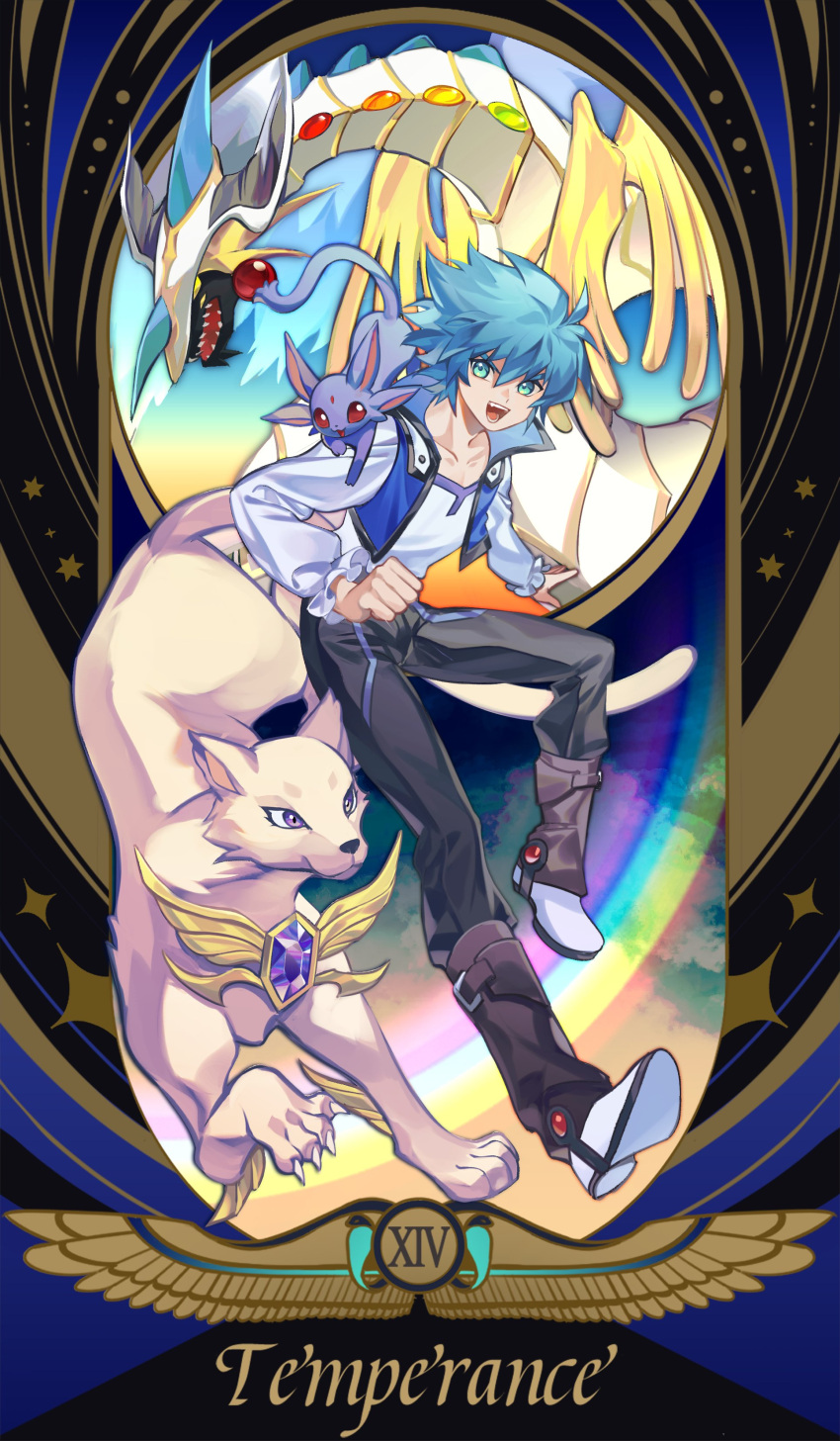 1boy absurdres aqua_eyes aqua_hair black_pants border cropped_jacket crystal_beast_amethyst_cat crystal_beast_ruby_carbuncle dragon duel_monster english_text full_body highres jacket johan_andersen male_focus open_clothes open_jacket pants rainbow_dragon roman_numeral shirt short_hair solo_focus ssbaby tarot temperance_(tarot) white_shirt yu-gi-oh! yu-gi-oh!_gx