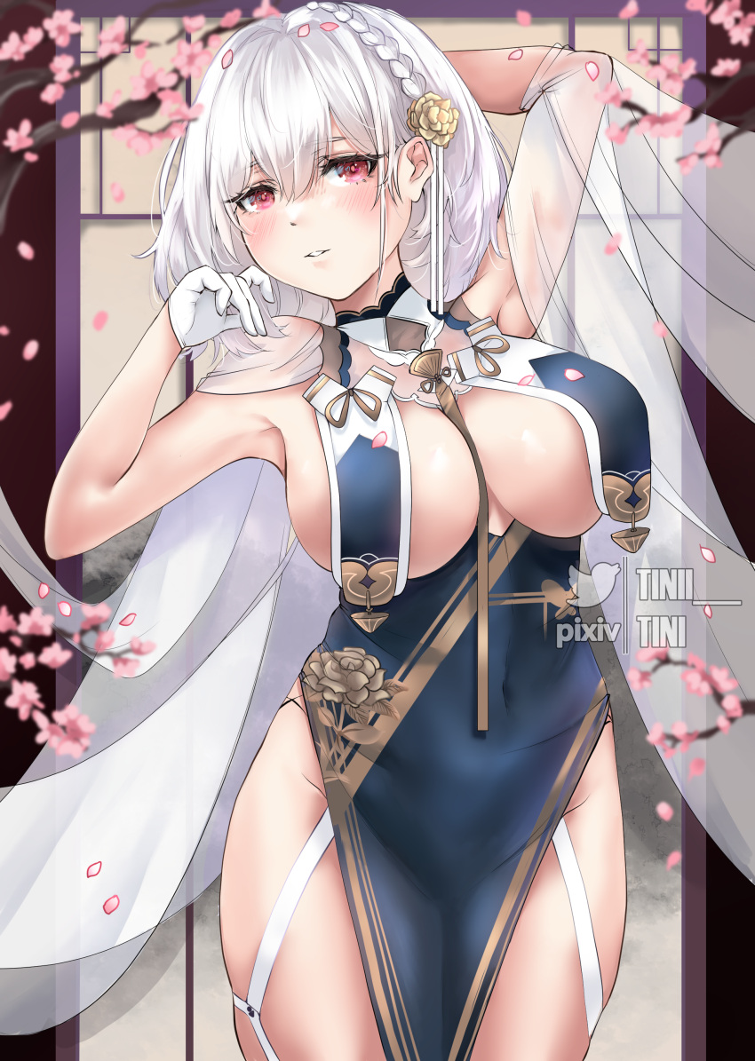 1girl absurdres arm_behind_head artist_name azur_lane braid branch breast_curtains breasts cherry_blossoms china_dress chinese_clothes dress flower garter_straps gloves grey_dress hair_flower hair_ornament half_gloves highres large_breasts looking_at_viewer medium_hair official_alternate_costume pelvic_curtain red_eyes revealing_clothes ribbon_between_breasts see-through_sleeves sheer_clothes side_braid sirius_(azur_lane) sirius_(azure_horizons)_(azur_lane) solo standing thighs tini watermark white_gloves white_hair yellow_flower