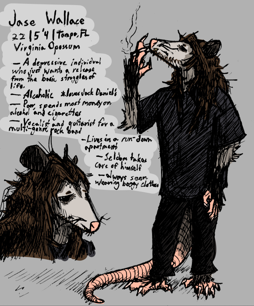 absurd_res anthro baggy_clothing black_clothing brown_hair clothing didelphid english_text eye_bags facial_hair fangs grey_body hair hatching hi_res jason_wallace long_hair makaronnie male mammal marsupial smoking solo standing stubble text