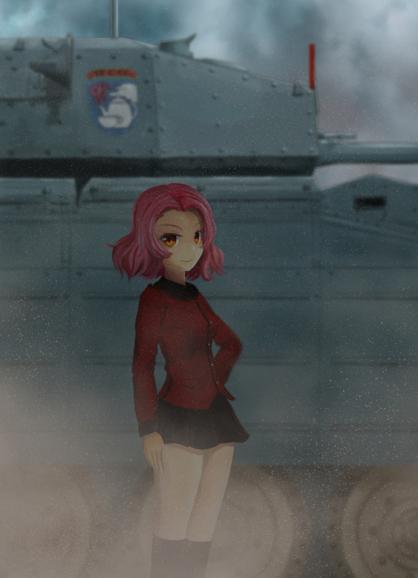 1girl bananannu bangs black_legwear black_skirt blurry blurry_background brown_eyes commentary_request crusader_(tank) dust_cloud emblem girls_und_panzer ground_vehicle hand_on_hip highres jacket long_sleeves military military_uniform military_vehicle miniskirt motor_vehicle parted_bangs pleated_skirt red_hair red_jacket revision rosehip_(girls_und_panzer) short_hair skirt smile solo st._gloriana's_(emblem) st._gloriana's_military_uniform standing tank uniform