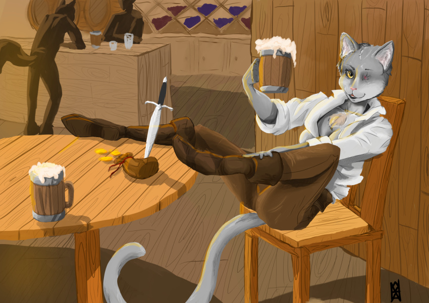 1_eye anthro beer_mug chair coin coin_purse domestic_cat felid feline felis female furniture gold_(metal) gold_coin leg_on_table mammal nahadon raising_arm sitting_on_chair solo table tavern wounded