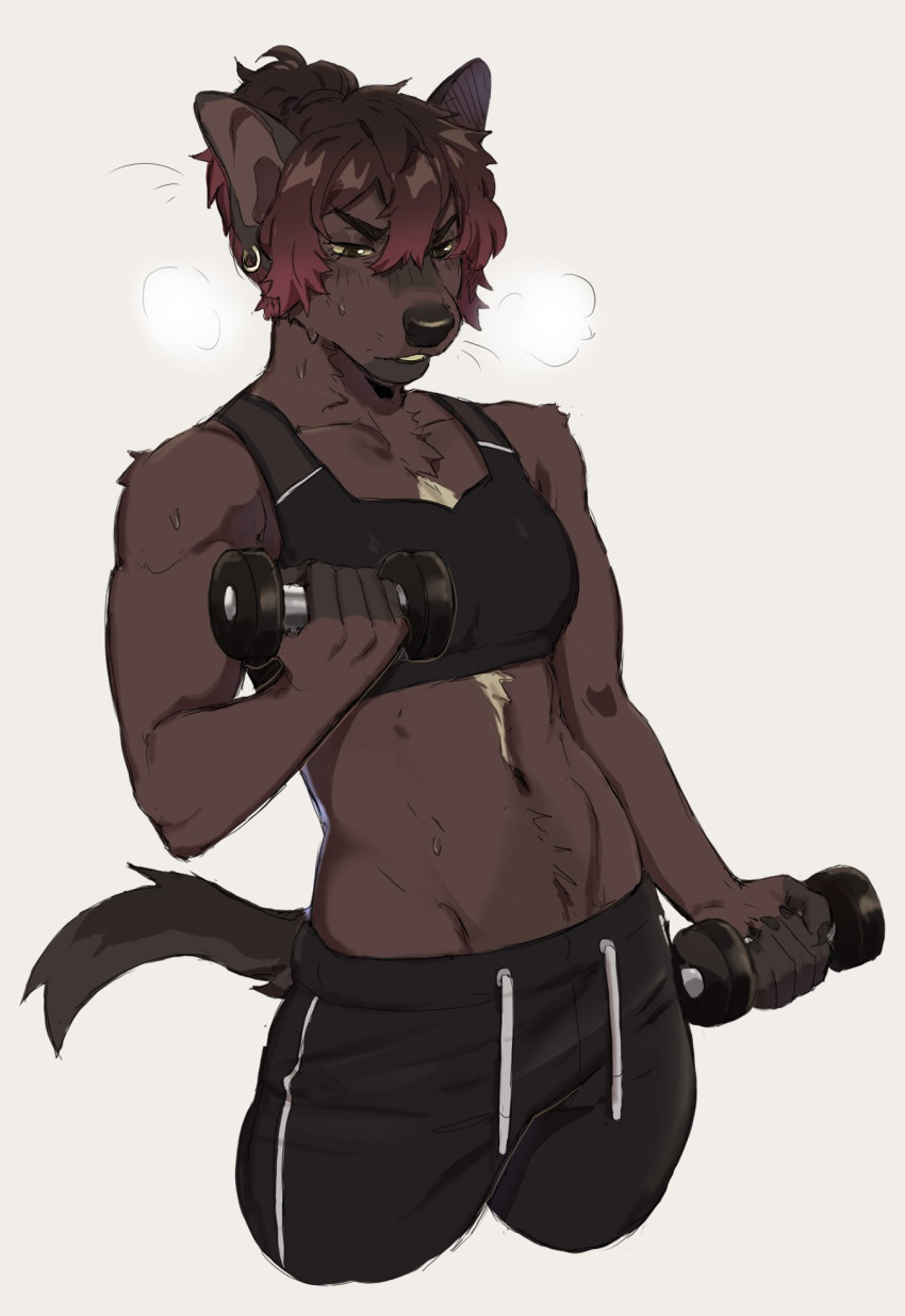 accessory anthro athletic athletic_anthro athletic_female black_nose bra breasts breath brown_body brown_fur chest_markings chest_tuft clothing digital_media_(artwork) drawstring dumbbell ear_piercing ear_ring exercise exercise_clothing female fur gradient_hair hair hair_accessory hair_tie hi_res kasusei mammal markings midriff mustelid navel panting piercing portrait short_hair simple_background small_breasts solo sports_bra sportswear standing sweatpants teeth_visible three-quarter_portrait tomboy tuft underwear unknown_species weightlifting weights white_background white_markings workout workout_clothing