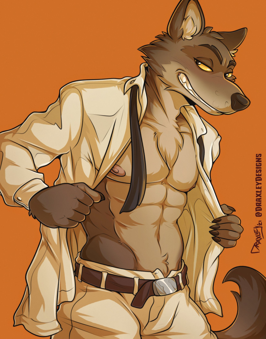 2021 5_fingers anthro bottomwear canid canine canis clothing draxley dreamworks fingers fur hi_res male mammal mr._wolf_(the_bad_guys) muscular muscular_anthro muscular_male orange_background pants simple_background solo suit teeth the_bad_guys wolf