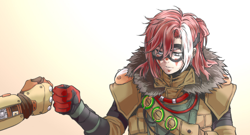 1boy 1other androgynous apex_legends bloodhound_(apex_legends) brown_jacket cable fist_bump fur_trim fuse_(apex_legends) gloves goggles grey_eyes hair_behind_ear jacket looking_down mechanical_arms medium_hair meteolance red_gloves red_hair single_mechanical_arm white_hair