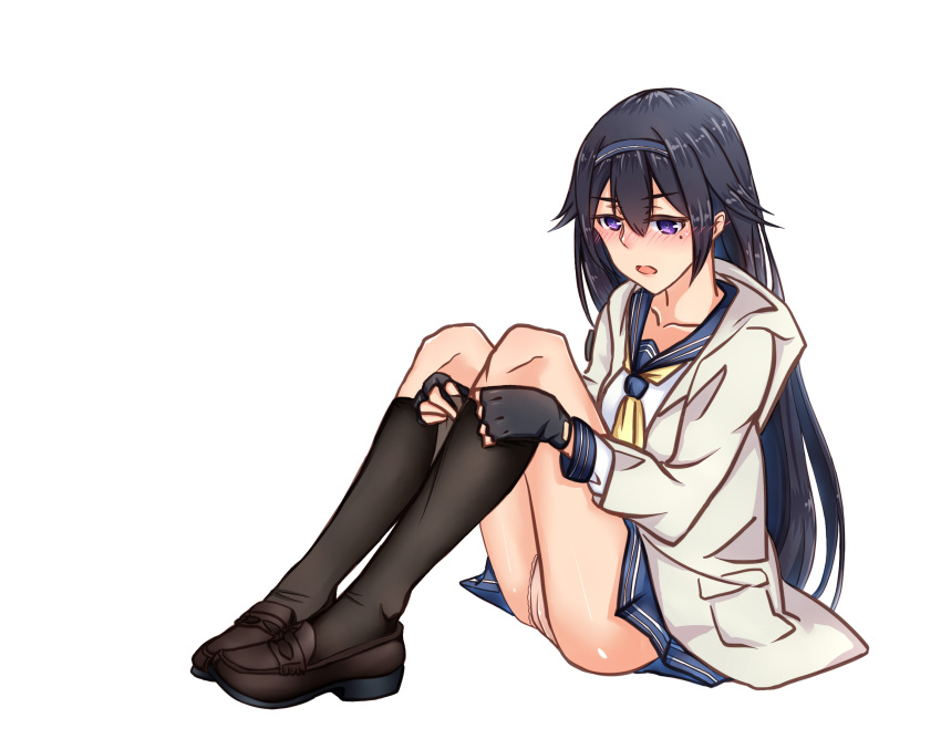 1girl bangs black_gloves black_hair black_legwear blue_skirt blush brown_footwear clothes_pull commentary_request embarrassed eyebrows_visible_through_hair fingerless_gloves full_body girls'_frontline gloves haidong hair_between_eyes hairband highres jacket load_bearing_vest long_hair looking_at_viewer mole mole_under_eye on_floor open_mouth panties pantyhose pantyhose_pull purple_eyes school_uniform sick simple_background skirt solo super_sass_(girls'_frontline) underwear white_background