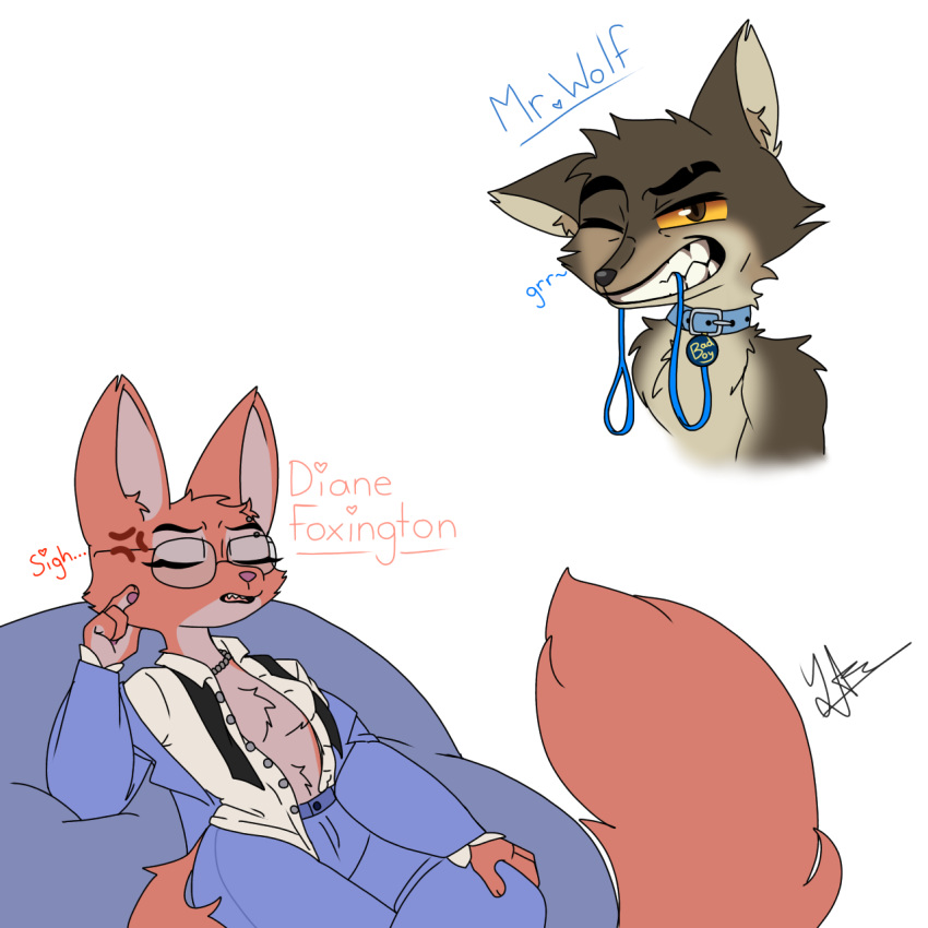 2021 anthro canid canine canis collar diane_foxington digital_drawing_(artwork) digital_media_(artwork) dreamworks duo female fox hi_res leash loose_tie male male/female mammal mr._wolf_(the_bad_guys) one_eye_closed simple_background the_bad_guys unbuttoned_shirt wink wolf yarart