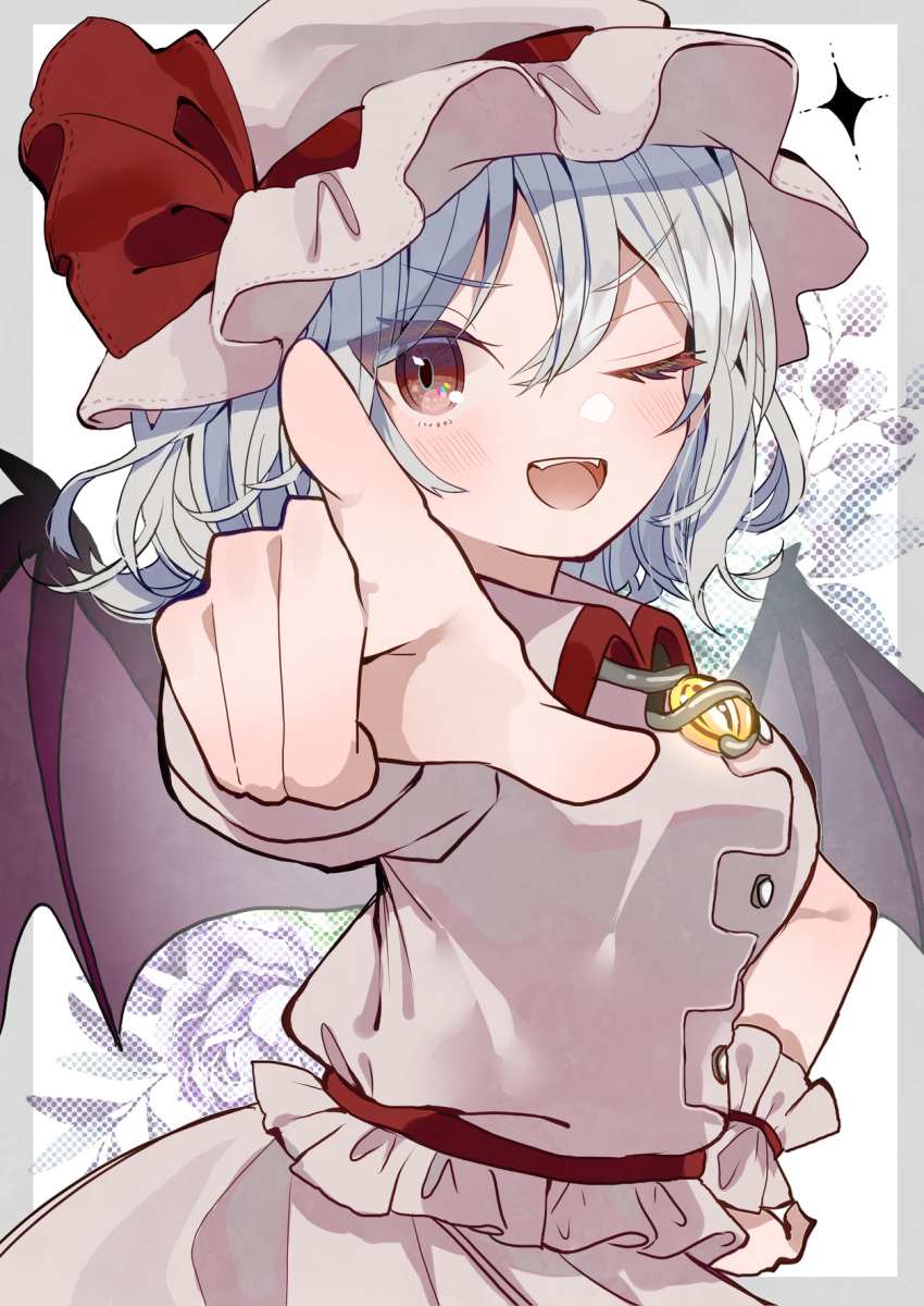 1girl :d bat_wings black_wings blush collared_shirt cowboy_shot daga_kotowaru eyebrows_visible_through_hair floral_background hair_between_eyes hand_on_hip hat hat_ribbon highres light_blue_hair looking_at_viewer medium_hair mob_cap one_eye_closed open_mouth pink_headwear pink_shirt pink_skirt pointing pointing_at_viewer puffy_short_sleeves puffy_sleeves red_eyes red_ribbon remilia_scarlet ribbon rose_background shirt short_sleeves skirt smile solo tamagogayu1998 teeth touhou upper_teeth v-shaped_eyebrows wings wrist_cuffs yellow_brooch