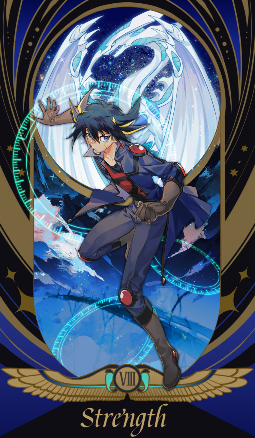 1boy absurdres black_hair black_shirt blonde_hair blue_pants boots border dragon duel_monster english_text fudou_yuusei full_body highres jacket knee_boots kneepits male_focus multicolored_hair open_clothes open_jacket pants roman_numeral shirt short_hair solo_focus ssbaby stardust_dragon streaked_hair strength_(tarot) tarot yu-gi-oh! yu-gi-oh!_5d's