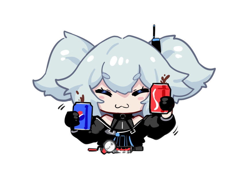 1girl ^3^ bangs blue_hair blush build_driver can chibi coca-cola cosplay crossover drink girls'_frontline highres holding kamen_rider kamen_rider_build kamen_rider_build_(cosplay) kamen_rider_build_(series) pa-15_(girls'_frontline) pepsi_nex shanyao_jiang_tororo simple_background soda_can twintails upper_body white_background