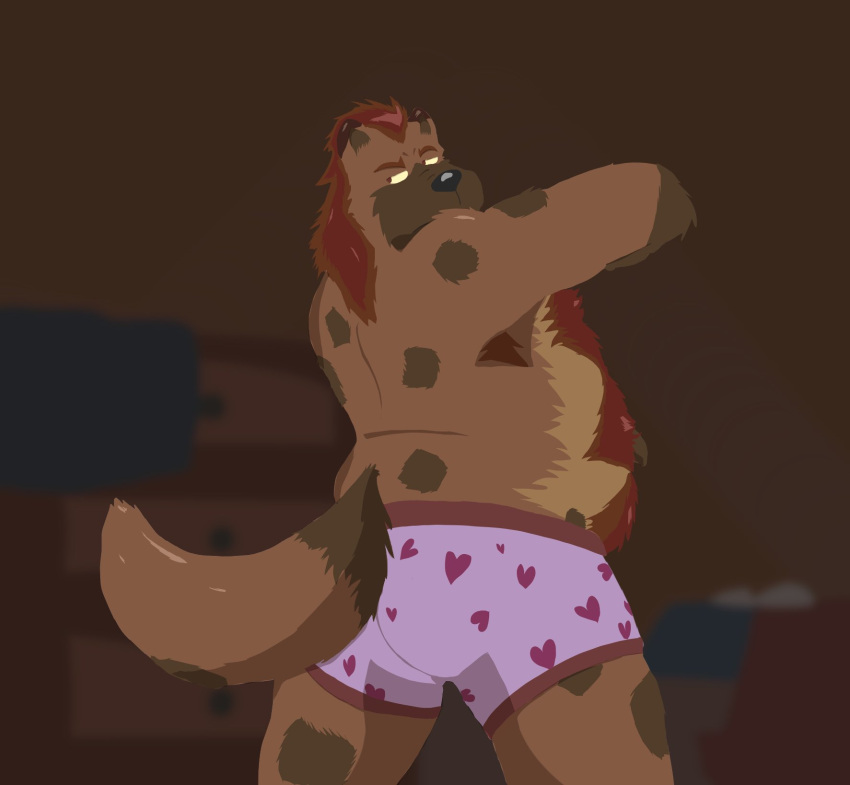 2020 anthro belly black_nose brown_body brown_fur butt clothing dippubear fur hi_res hyaenid male mammal overweight overweight_male solo underwear