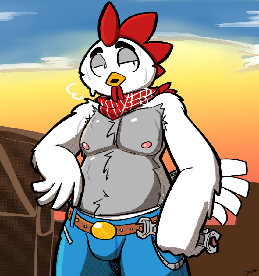 anthro avian avian_caruncle bandanna belly bird bodily_fluids chicken comb_(anatomy) farmer feathers galliform gallus_(genus) head_crest hi_res kerchief male navel nipples pecs phasianid shirtless slightly_chubby solo sweat tired tools tricktrashing white_body white_feathers wrench