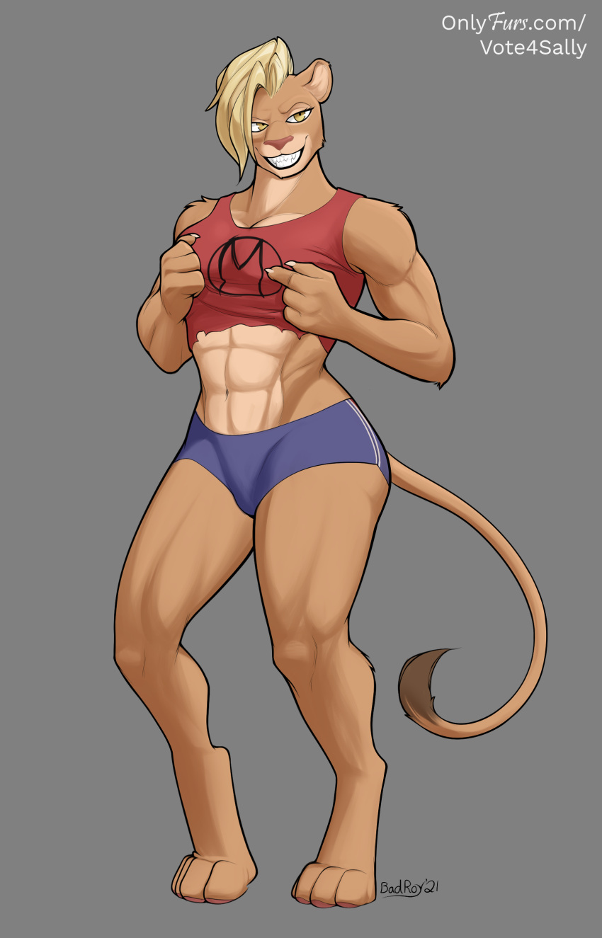 absurd_res anthro badroy bottomwear clothing felid female female/female grin hi_res hotpants lion mammal mohawk muscular muscular_female pantherine sally_pride shorts smile solo undressing