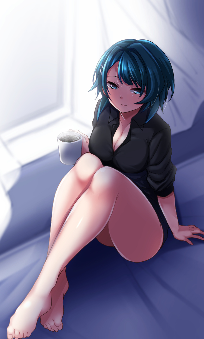 1girl absurdres aizawa_kazuha assault_lily bangs bare_legs barefoot black_shirt blue_eyes blue_hair blurry blurry_background breasts cleavage closed_mouth coffee coffee_mug collarbone collared_shirt commentary_request crossed_ankles cup curtains dress_shirt eyebrows_visible_through_hair from_above full_body hair_ornament hairclip hand_up highres holding holding_cup indoors knees_to_chest knees_up large_breasts light_smile looking_at_viewer looking_up mug no_pants shirt short_hair sitting sleeves_past_elbows sleeves_pushed_up solo steam window windowsill yunodon_(sugar_maple)