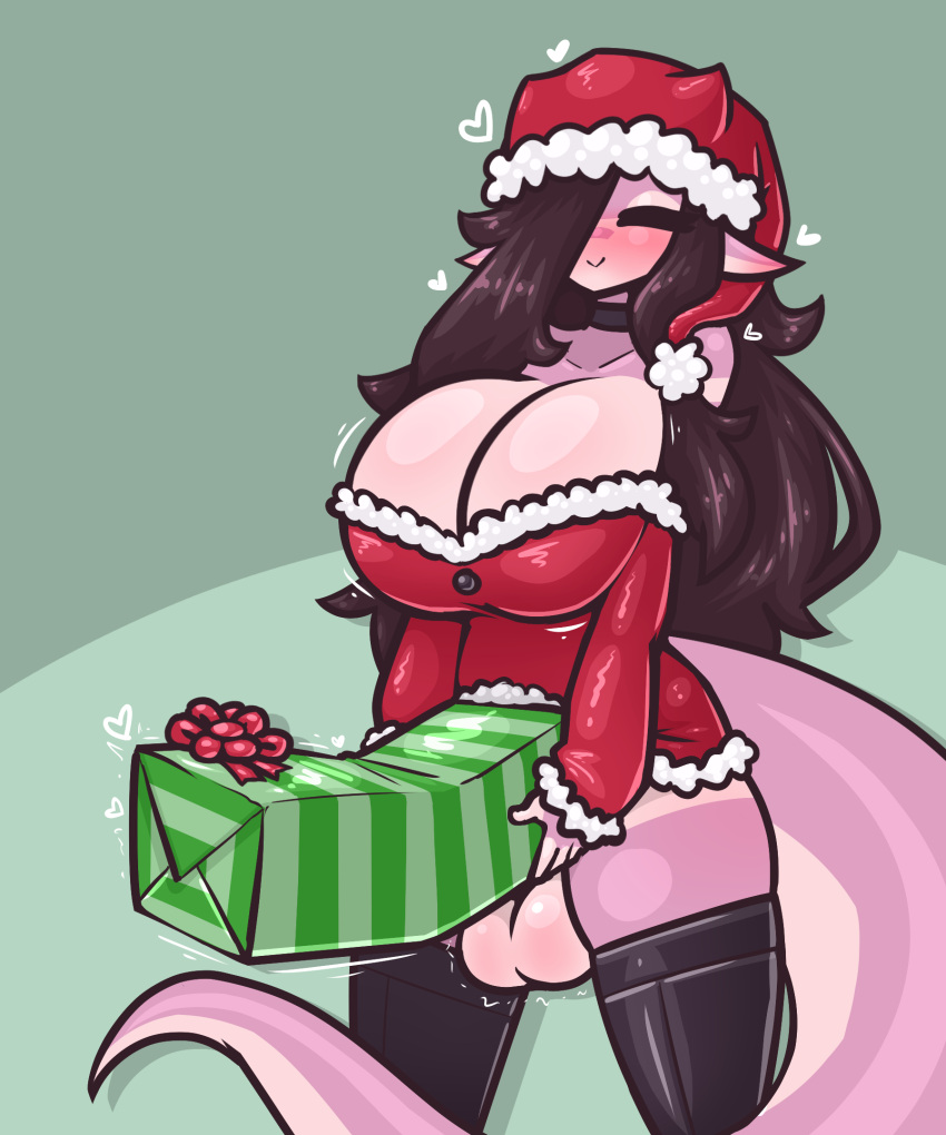 &lt;3 anthro balls big_breasts breasts christmas christmas_clothing christmas_headwear cleavage clothed clothing dragon genitals gynomorph hat headgear headwear hi_res holidays intersex legwear limebreaker rose_(limebreaker) santa_hat solo thick_thighs thigh_highs