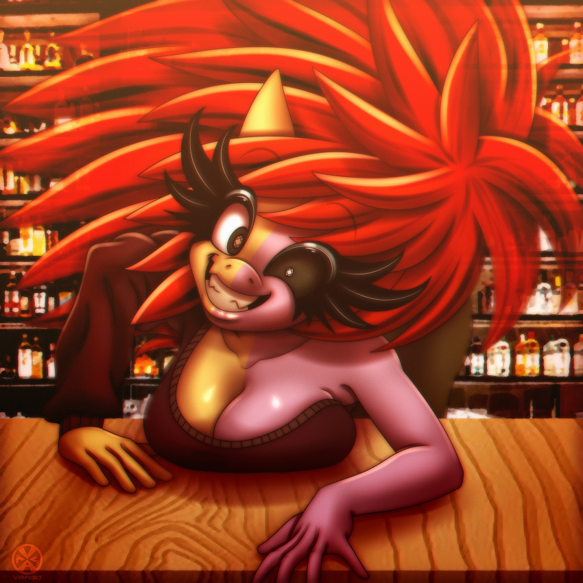 2021 absurd_res anthro bar bartender bent_over big_breasts big_hair breast_rest breast_squish breasts clothing counter crazy_face equid equine eyelash_fetish eyelashes female hair hasbro hi_res horse insane mammal massive_hair my_little_pony pony poofy_hair pruzaieuv_(vrabo) rape_face red_hair shirt smile smiling_at_viewer solo squish thick_eyelashes topwear vrabo wide_eyed