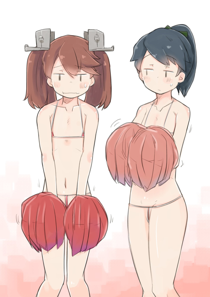 2girls asymmetrical_bangs bangs bikini black_hair breasts brown_hair enjaku_izuku fang flat_chest highres houshou_(kancolle) kantai_collection micro_bikini multiple_girls navel pom_pom_(cheerleading) ponytail ryuujou_(kancolle) skin_fang small_breasts swimsuit twintails visor_cap |_| ||_||