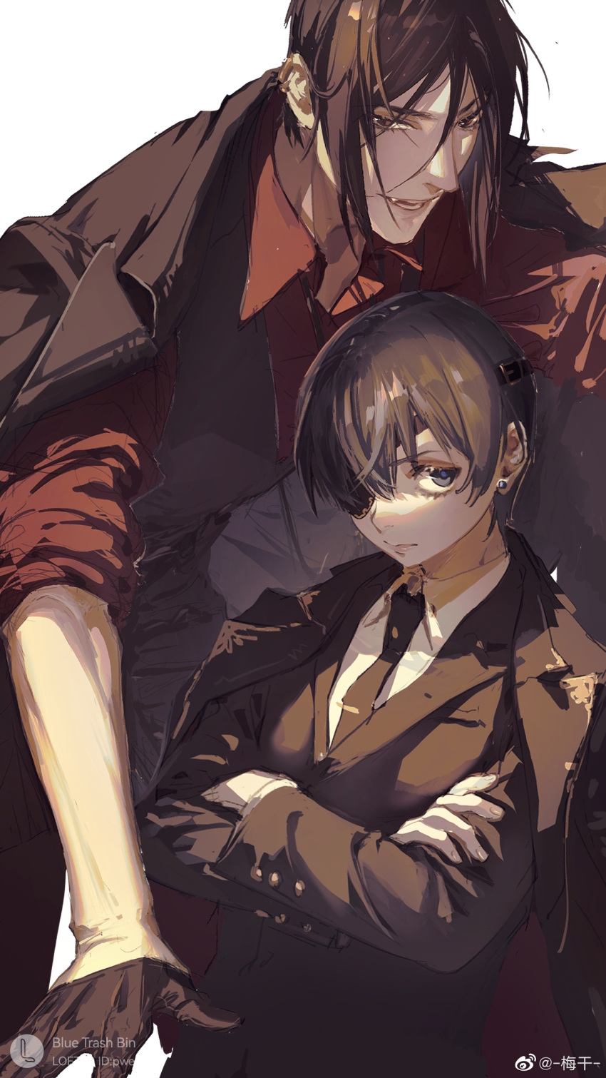 2boys absurdres alternate_costume black_gloves black_hair black_necktie black_suit blue_eyes ciel_phantomhive expressionless eyepatch formal gloves hair_between_eyes highres jacket jacket_on_shoulders jewelry kuroshitsuji leaning_forward looking_at_viewer male_focus multiple_boys necklace necktie red_eyes red_shirt sebastian_michaelis shirt short_hair smile suit tsuyuzensen upper_body weibo_logo weibo_username white_background