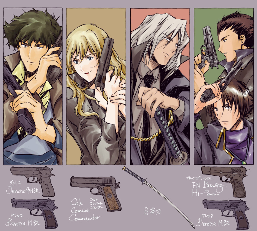 1girl 4boys blonde_hair character_request cowboy_bebop grey_hair gun handgun highres holding holding_weapon imi_jericho julia_(cowboy_bebop) multiple_boys spike_spiegel sword tobalin vicious_(cowboy_bebop) weapon