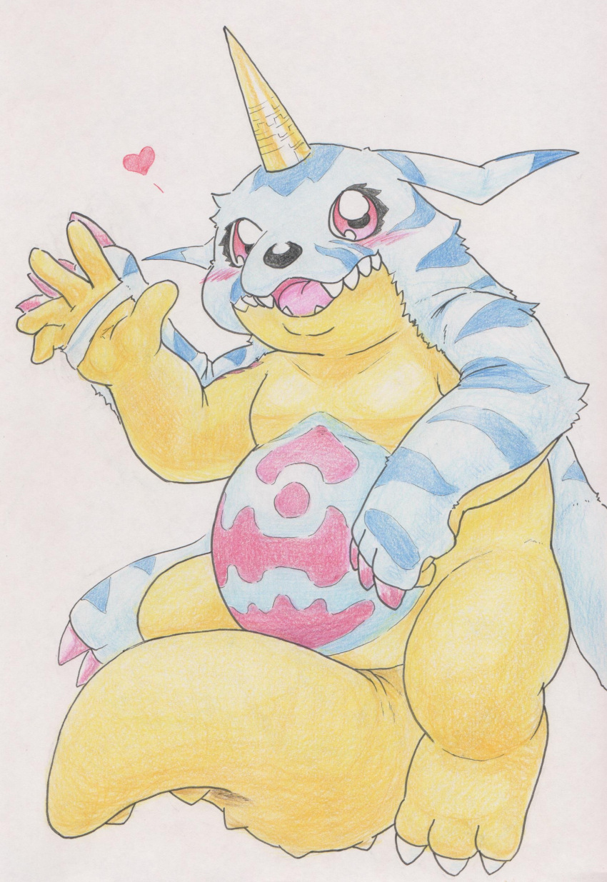 &lt;3 absurd_res animal_skin anthro bandai_namco belly digimon digimon_(species) gabumon hi_res horn male red_eyes slightly_chubby smile solo tabasukotrr traditional_media_(artwork) waving_at_viewer yellow_body