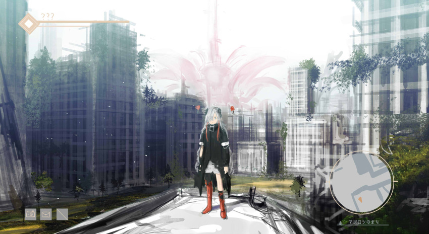 1girl asymmetrical_footwear asymmetrical_legwear asymmetrical_sleeves black_coat boots cityscape coat creature fake_screenshot familiar full_body gloves grey_hair hair_ornament hair_over_one_eye heads-up_display health_bar highres isekai_joucho isshiki_(ffmania7) kamitsubaki_studio long_hair minimap multicolored_hair red_hair shorts single_glove sketch solo symbol-only_commentary two-tone_hair uneven_sleeves very_long_hair virtual_youtuber