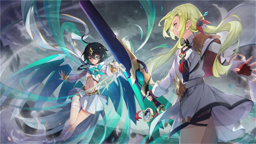 2girls artist_request bangs benghuai_xueyuan character_request cloud cloudy_sky coat fingerless_gloves gloves green_eyes green_hair grey_sky hair_between_eyes hair_ornament highres holding holding_sword holding_weapon honkai_(series) honkai_impact_3rd long_hair long_sleeves looking_at_another medium_hair multiple_girls navel official_art outdoors red_gloves scarf see-through_sleeves shirt skirt sky sword twintails weapon wendy_(honkai_impact) white_coat white_scarf white_shirt white_skirt wind wings