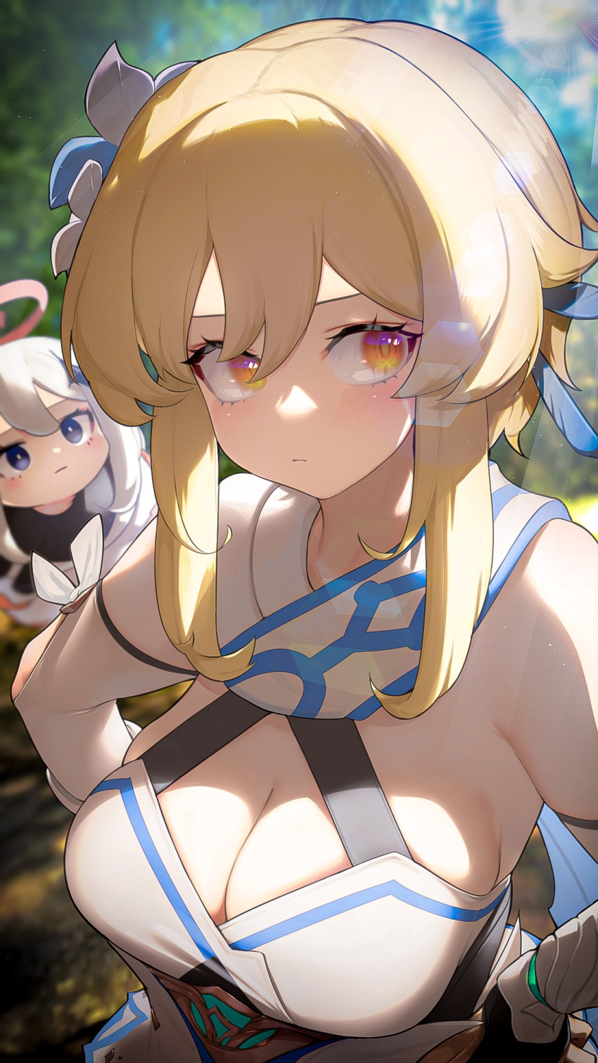 2girls blonde_hair blush breasts cleavage closed_mouth flower genshin_impact hair_flower hair_ornament hair_ribbon halo hands_on_hips highres kashu_(hizake) large_breasts lens_flare light_rays looking_at_another looking_to_the_side lumine_(genshin_impact) multiple_girls orange_eyes paimon_(genshin_impact) ribbon sidelocks symbol-only_commentary upper_body white_hair